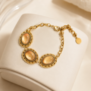 Vintage Royal Lace Edge Three Golden Sand Stone Oval Bracelet (18K Gold Plated Antique Finish) - Image 5