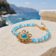 Vintage Royal Sunflower Crackle Quartz Blue CZ Pearl Bracelet (Gold Plated Adjustable) - Image 3