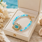 Vintage Royal Sunflower Crackle Quartz Blue CZ Pearl Bracelet (Gold Plated Adjustable) - Image 4