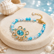 Vintage Royal Sunflower Crackle Quartz Blue CZ Pearl Bracelet (Gold Plated Adjustable)