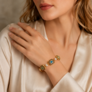Vintage Byzantine Gemstone Square Pearl Bracelet, Antique Matte Gold Enamel Scroll Jewelry, Medieval Royal Heavy Accessory - Image 3