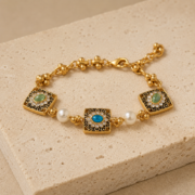Vintage Byzantine Gemstone Square Pearl Bracelet, Antique Matte Gold Enamel Scroll Jewelry, Medieval Royal Heavy Accessory - Image 4