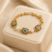 Vintage Byzantine Gemstone Square Pearl Bracelet, Antique Matte Gold Enamel Scroll Jewelry, Medieval Royal Heavy Accessory - Image 5