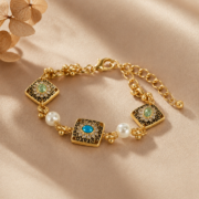 Vintage Byzantine Gemstone Square Pearl Bracelet, Antique Matte Gold Enamel Scroll Jewelry, Medieval Royal Heavy Accessory - Image 2