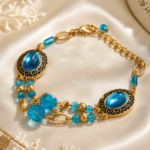 Vintage Blue Crystal Lucky Bracelet, Enamel Scroll Oval Stone Beaded Jewelry, Bohemian Prosperity Charm Accessory