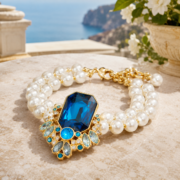 Royal Cluster Rectangular Deep Blue Stone Double Large Pearl Bracelet (Gold Plated Evening Luxury Style) - Image 3