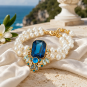 Royal Cluster Rectangular Deep Blue Stone Double Large Pearl Bracelet (Gold Plated Evening Luxury Style) - Image 4