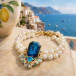 Royal Cluster Rectangular Deep Blue Stone Double Large Pearl Bracelet (Gold Plated Evening Luxury Style)