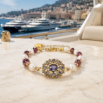 Royal Filigree Starburst Oval Purple Stone Pearl Beaded Bracelet (Matte Antique Gold Plated)
