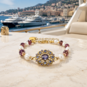 Royal Filigree Starburst Oval Purple Stone Pearl Beaded Bracelet (Matte Antique Gold Plated)