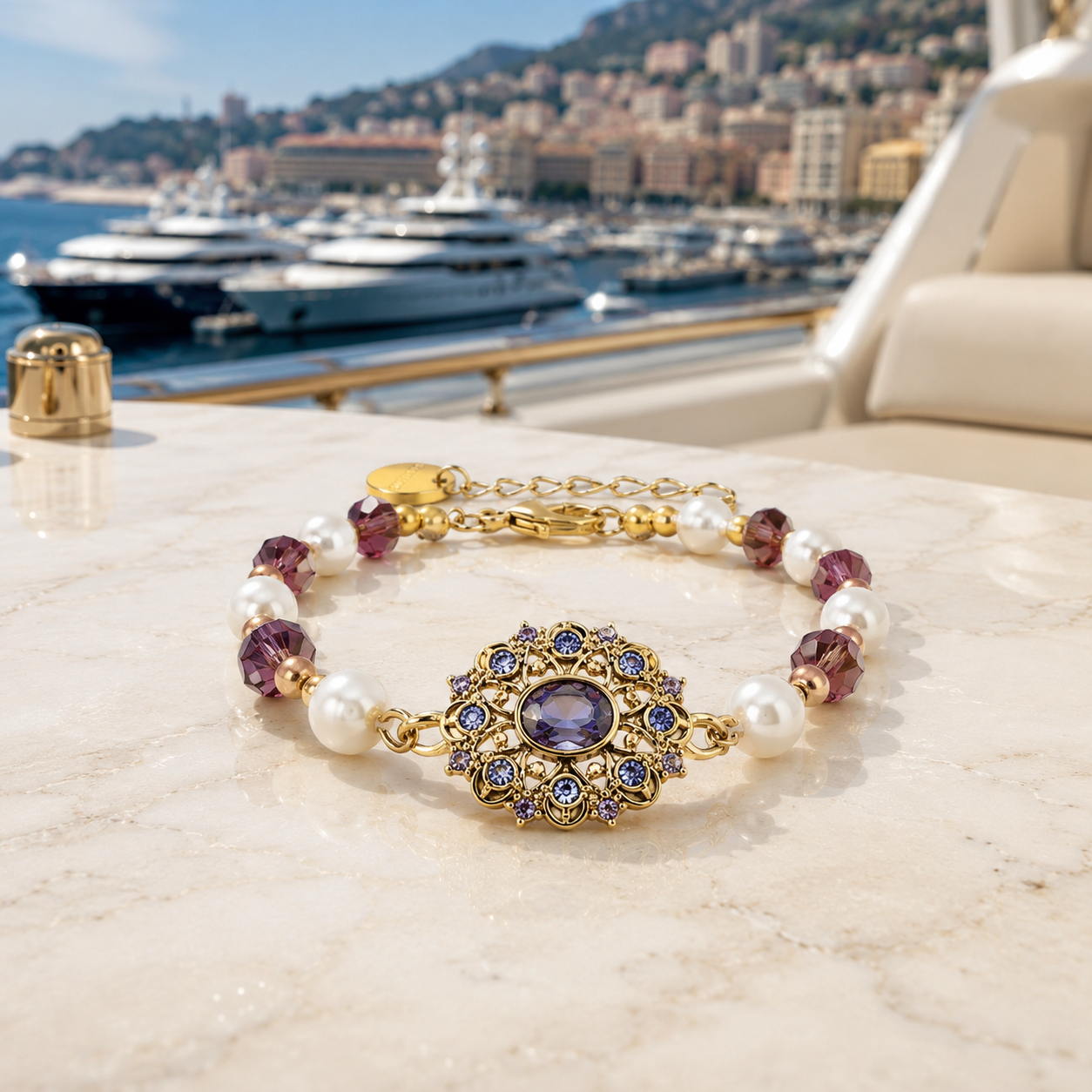 ChatGPT Image 2026年7月9日 19_43_28 (3) Royal Filigree Starburst Oval Purple Stone Pearl Beaded Bracelet (Matte Antique Gold Plated) - Image 1