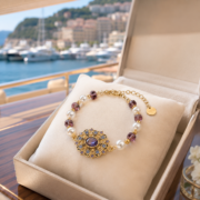 Royal Filigree Starburst Oval Purple Stone Pearl Beaded Bracelet (Matte Antique Gold Plated) - Image 3