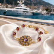 Royal Filigree Starburst Oval Purple Stone Pearl Beaded Bracelet (Matte Antique Gold Plated) - Image 4