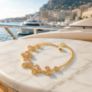 Pave Orange Gold Four Leaf Clover Flower Cluster Bracelet (Gold Plated Bright Lucky Style)