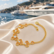 Pave Orange Gold Four Leaf Clover Flower Cluster Bracelet (Gold Plated Bright Lucky Style) - Image 3