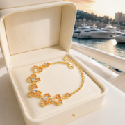 Pave Orange Gold Four Leaf Clover Flower Cluster Bracelet (Gold Plated Bright Lucky Style) - Image 4