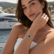 Royal Vine Wreath Emerald Rectangular Stone Pave Double Chain Bracelet - Image 5