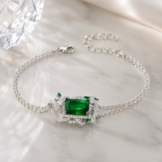 Royal Vine Wreath Emerald Rectangular Stone Pave Double Chain Bracelet