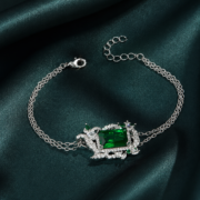 Royal Vine Wreath Emerald Rectangular Stone Pave Double Chain Bracelet - Image 3