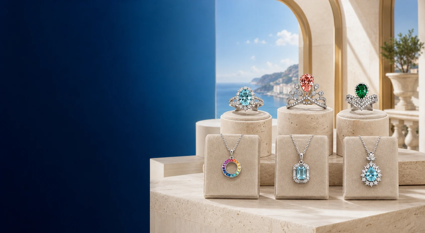 Colorful gemstone rings and necklaces displayed on a Monaco-inspired Mediterranean terrace
