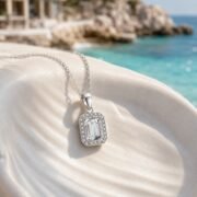 Square Gleam Emerald Cut Halo Moissanite Clavicle Necklace - Image 2