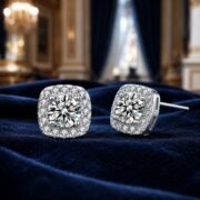 Cushion Crown Halo Moissanite Stud Earrings - Image 4