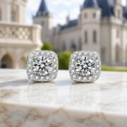 Cushion Crown Halo Moissanite Stud Earrings - Image 5