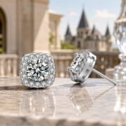 Cushion Crown Halo Moissanite Stud Earrings - Image 2