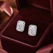 Rectangular Halo Moissanite Stud Earrings (2 Cuts Available) - Image 3