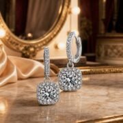Cushion Halo Moissanite Huggie Hoop Drop Earrings - Image 3