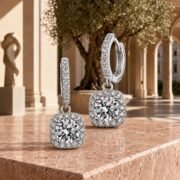 Cushion Halo Moissanite Huggie Hoop Drop Earrings - Image 4