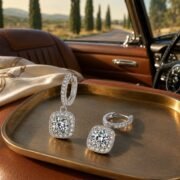 Cushion Halo Moissanite Huggie Hoop Drop Earrings - Image 2