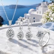 Deep Sea Tear Drop Halo Moissanite 3-Piece Set - Image 6