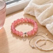 Peach Bubble Strawberry Quartz Bead Bracelet - Image 4