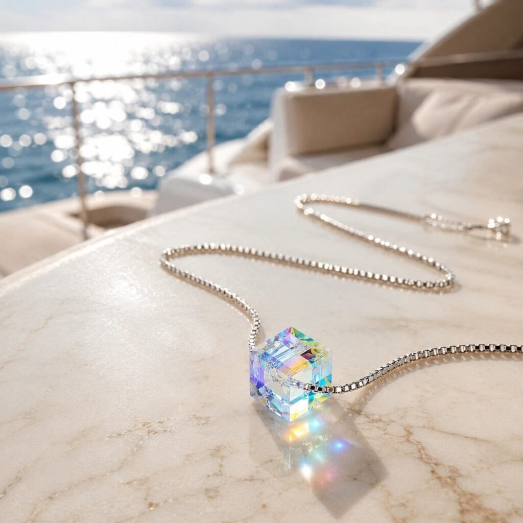 SIGLO blue gemstone pendant necklace displayed on champagne satin