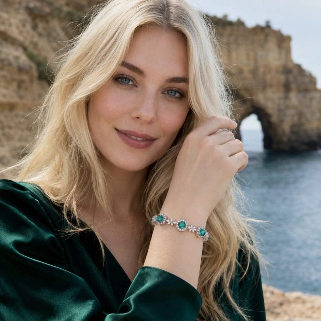 Emerald tennis bracelet with S925 silver halo settings