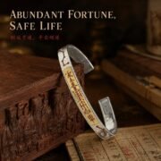 Five Gods of Wealth Hammered Silver Cuff Bracelet