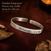 Five Gods of Wealth Cinnabar Silver Cuff Bracelet - Image 2
