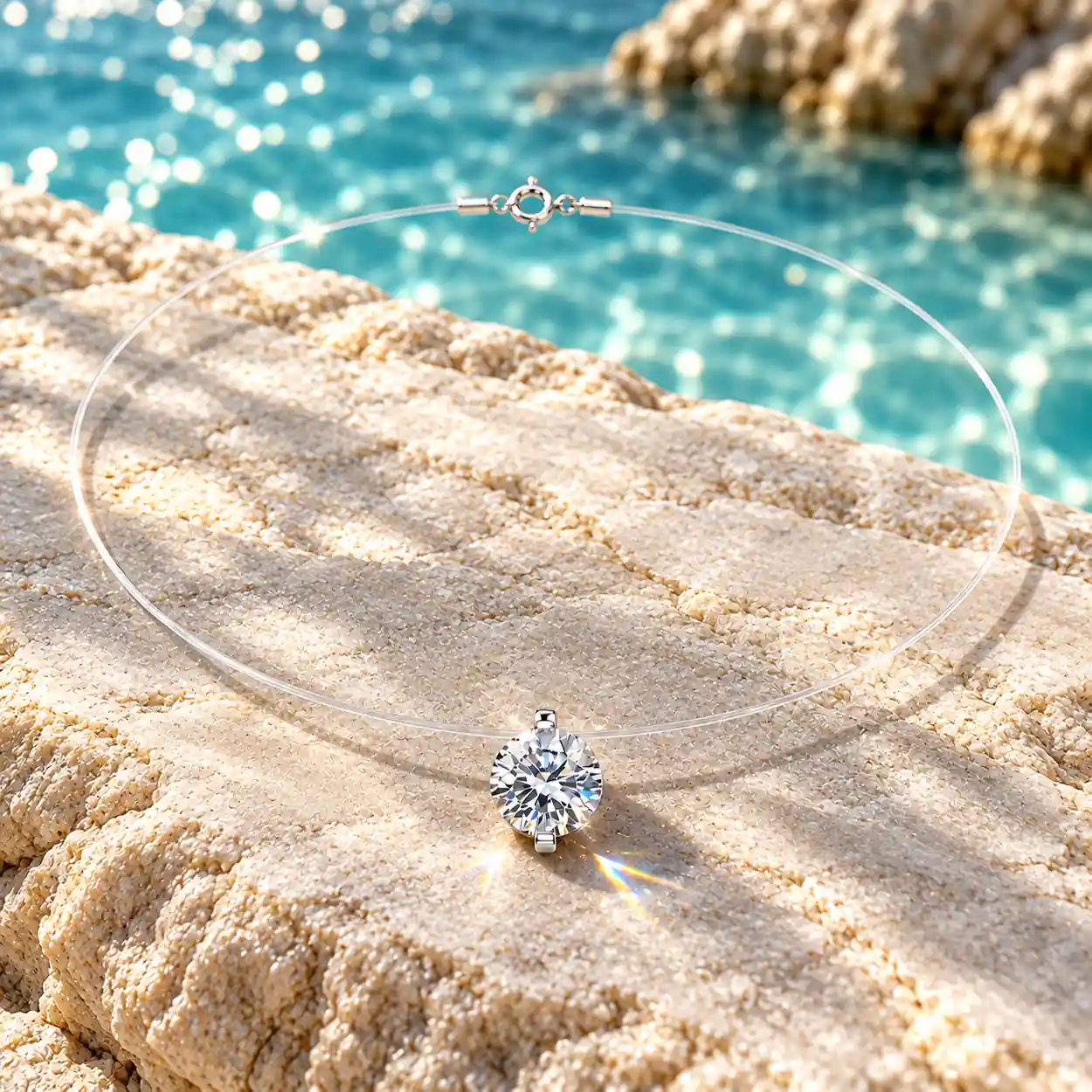 Invisible line solitaire necklace with round brilliant pendant on sunlit coastal stone