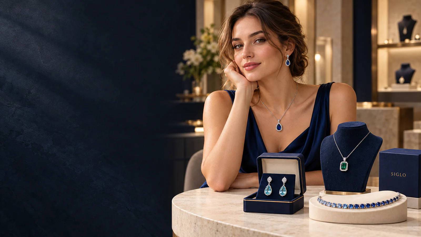 Young woman wearing sapphire jewelry beside SIGLO emerald necklace, aqua earrings and gradient sapphire bracelet.