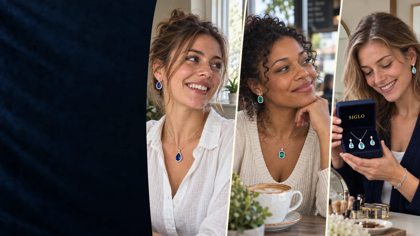 Young SIGLO customers wearing sapphire, emerald and aqua jewelry with a branded gift box.
