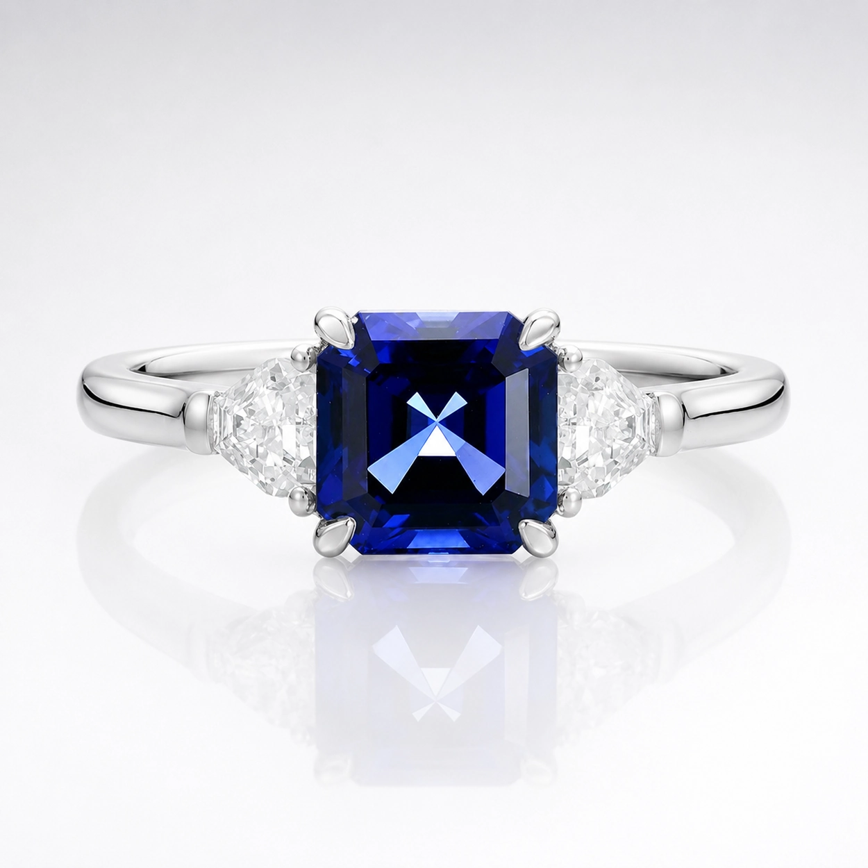 1.58ct three stone sapphire ring with royal blue center stone in S925 silver