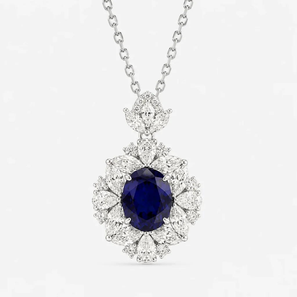 3.82ct lab-grown blue sapphire halo necklace in S925 sterling silver