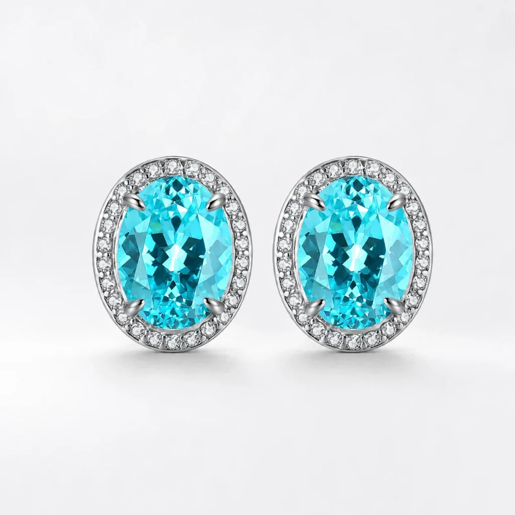 Oval lab-grown Paraiba gemstone stud earrings with sparkling halo