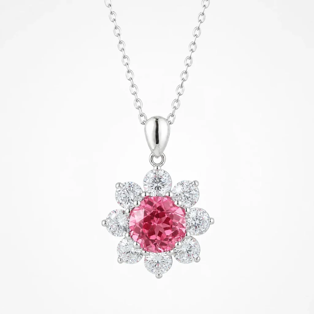 4.3ct lab-grown Padparadscha floral halo necklace in S925 sterling silver