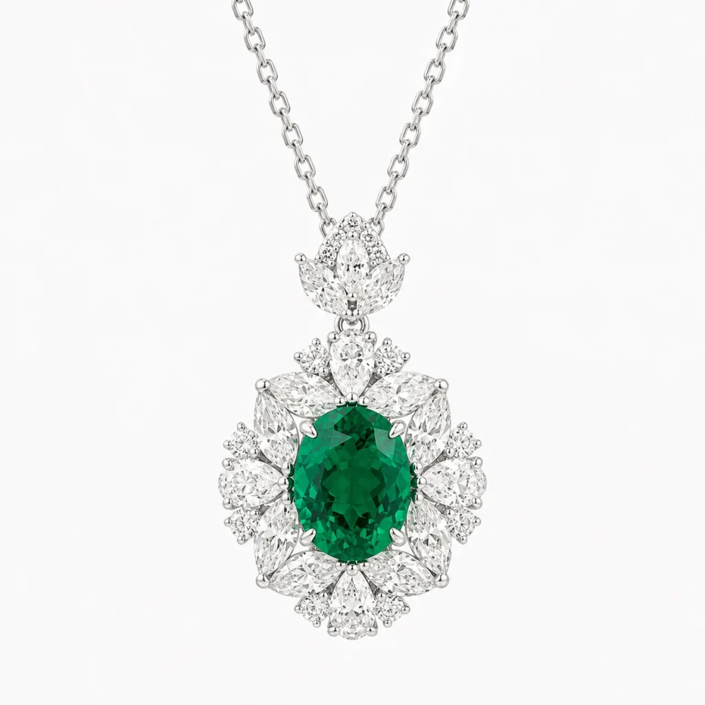 2.55ct lab-grown emerald halo necklace in S925 sterling silver