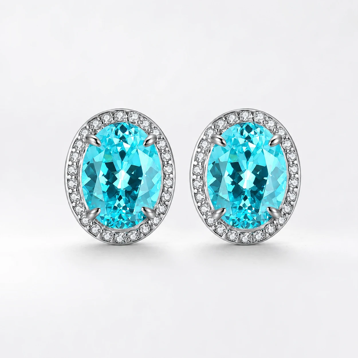 01_Product_Main_Image Oval lab-grown Paraiba gemstone stud earrings with sparkling halo