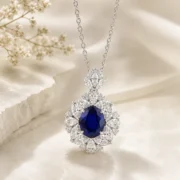 Royal Blue Sapphire Halo Necklace - Image 3