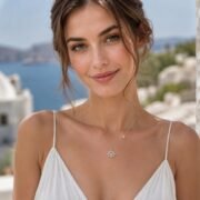 Woman wearing SIGLO Celestial Radiance emerald pendant necklace