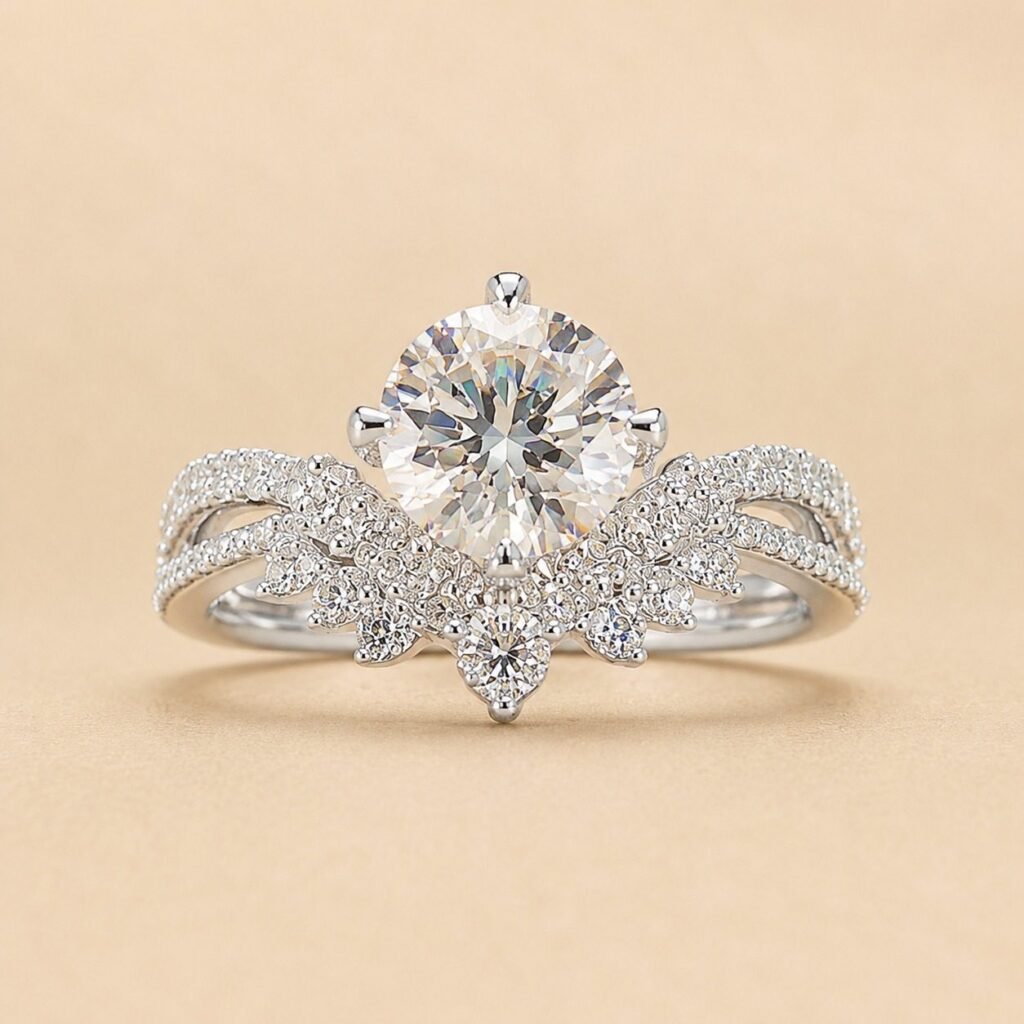 Front view of a round floral double pavé diamond ring